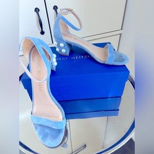 Stuart Weitzman, blue suede kitten heels with pearls